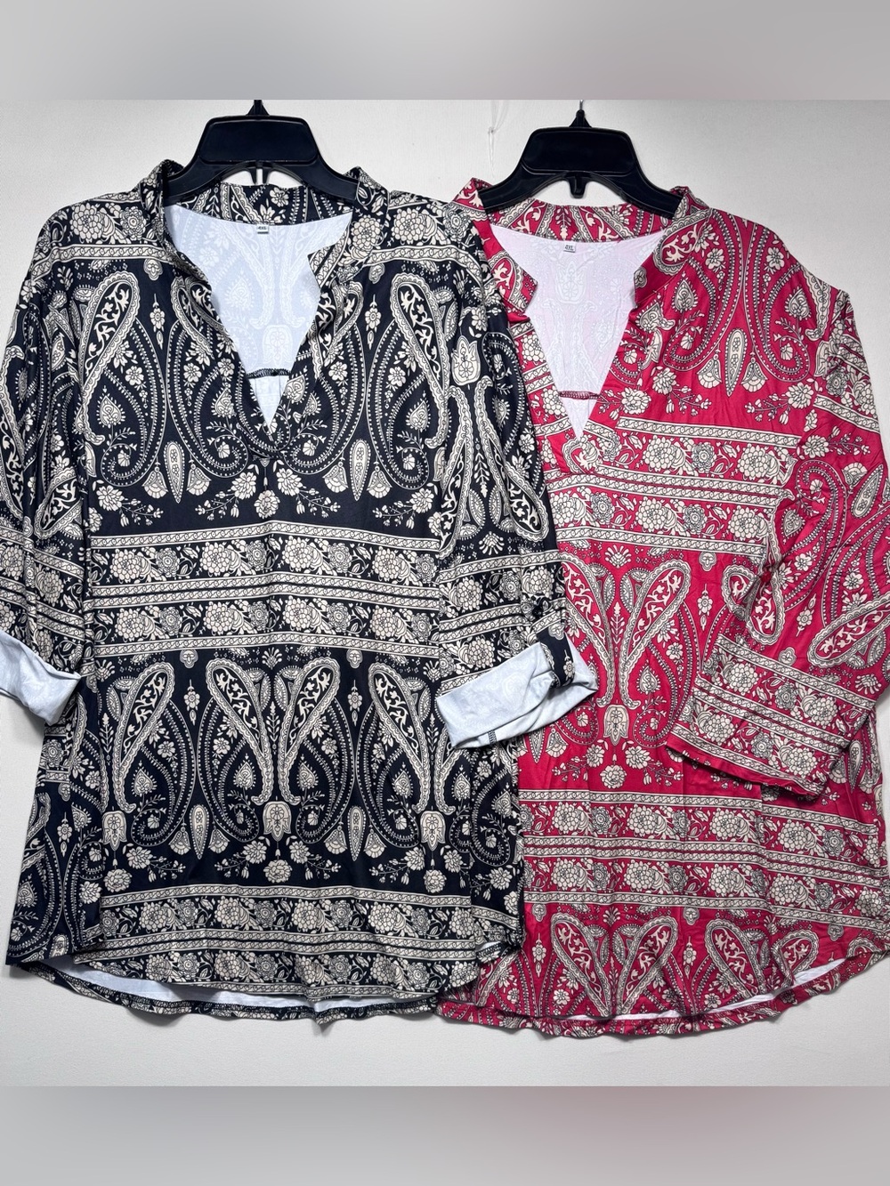 Plus size Paisley V-Neck Tunic Top - Black and red